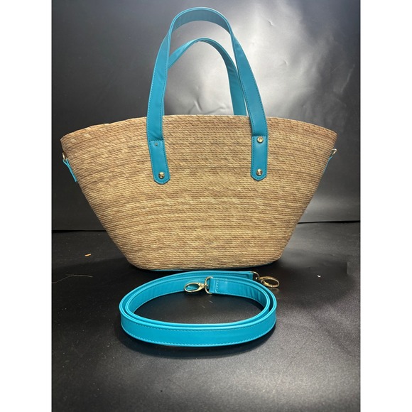Del Rio Handbags - By Del Rio Woven‎ Straw Tote Bag Turquoise Blue Trim Crossbody Strap Sustainable